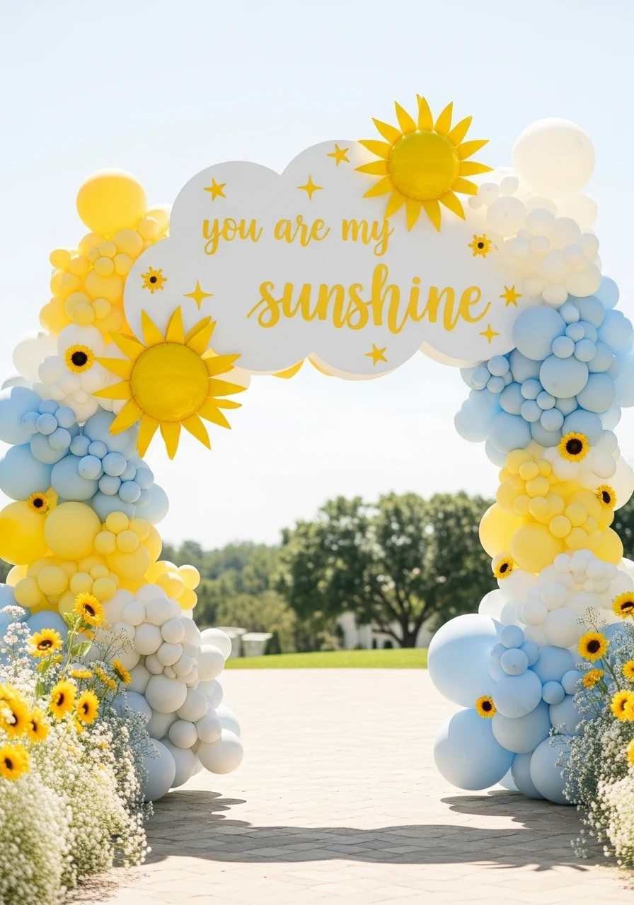 A 'You are my sunshine' baby shower balloon arch with pastel yellow, blue, and white balloons, sun cutouts, and sunflowers.