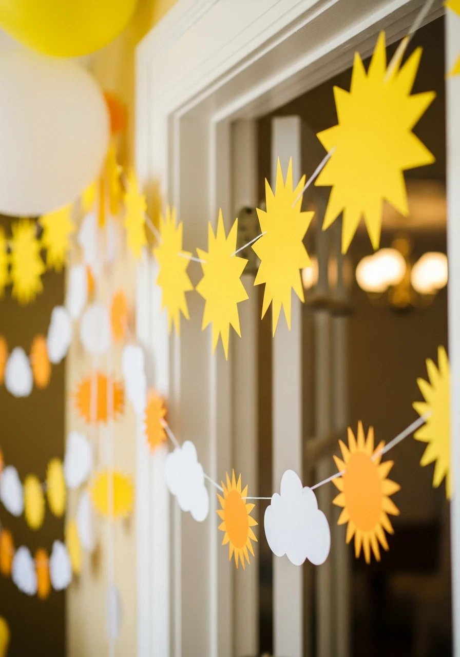 Paper garlands with sun and cloud shapes for a 'You Are My Sunshine' baby shower.