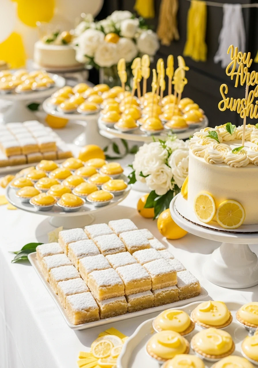 A You Are My Sunshine baby shower dessert table featuring a lemon theme with a cake, lemon tarts, and lemon bars.
