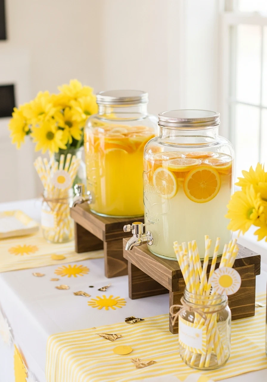 A 'You Are My Sunshine' baby shower drink station with two glass dispensers filled with lemonade and citrus slices on a decorated table.
