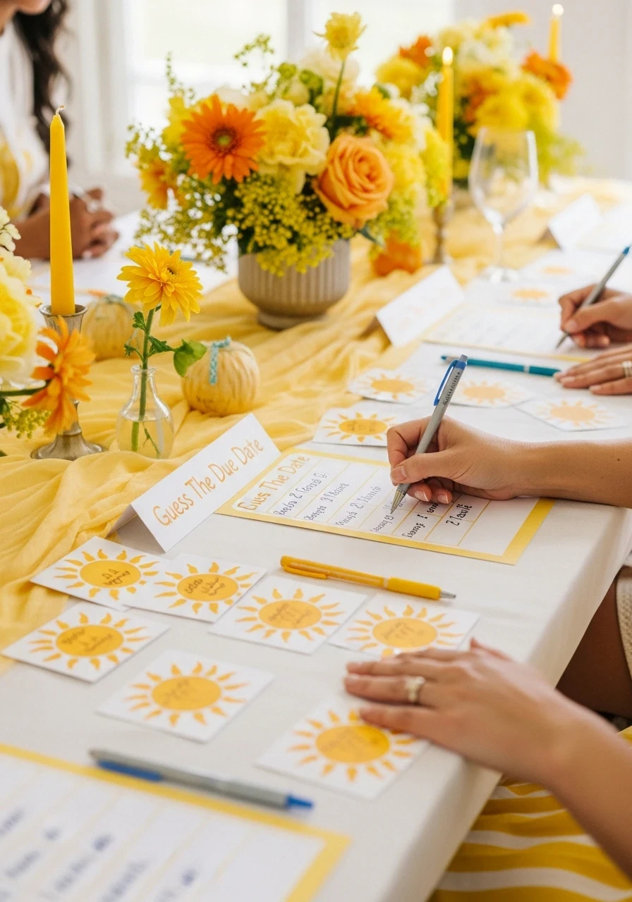 A 'You Are My Sunshine' baby shower table with guests playing a 'Guess The Due Date' game, surrounded by yellow floral centerpieces.