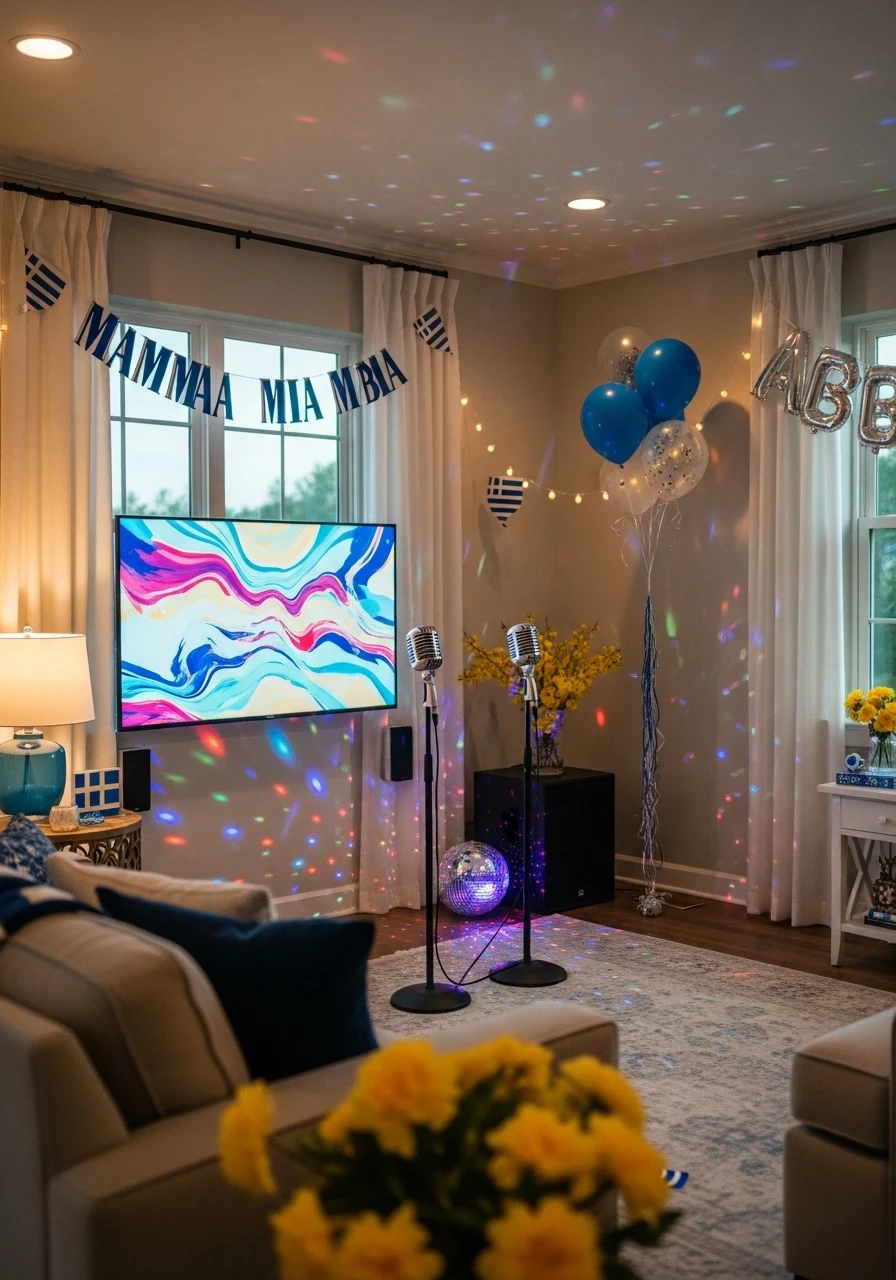A Mamma Mia themed bachelorette party with a karaoke setup, disco ball, and Greek flag decorations in a living room.