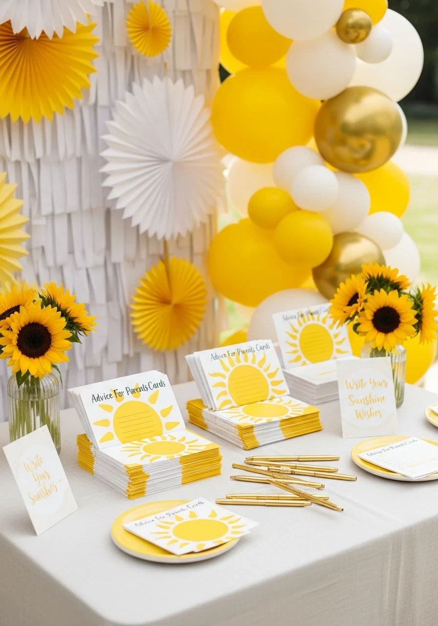 A 'You Are My Sunshine' baby shower activity table with 'Advice for Parents' cards, gold pens, and sunflower centerpieces.