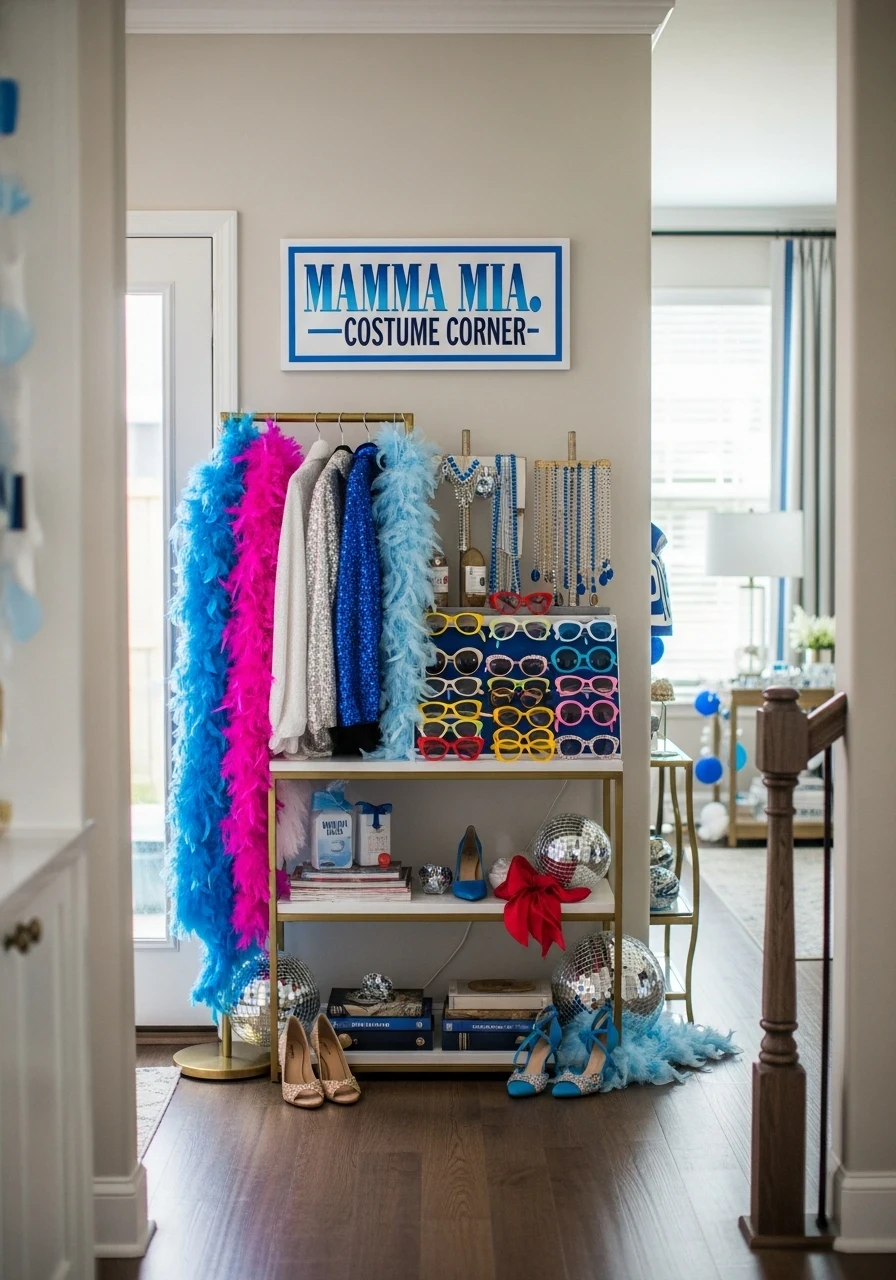 A Mamma Mia themed costume corner for a bachelorette party, featuring a clothing rack with feather boas and sequin jackets, and shelves with colorful sunglasses and disco balls.
