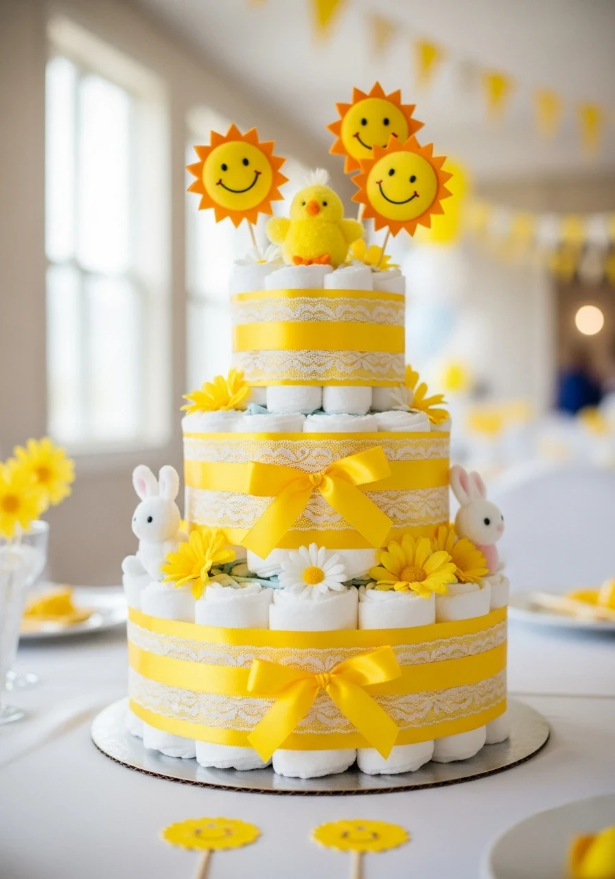 A three-tier 'You Are My Sunshine' diaper cake decorated with bright yellow ribbon, lace, and smiling sun toppers.