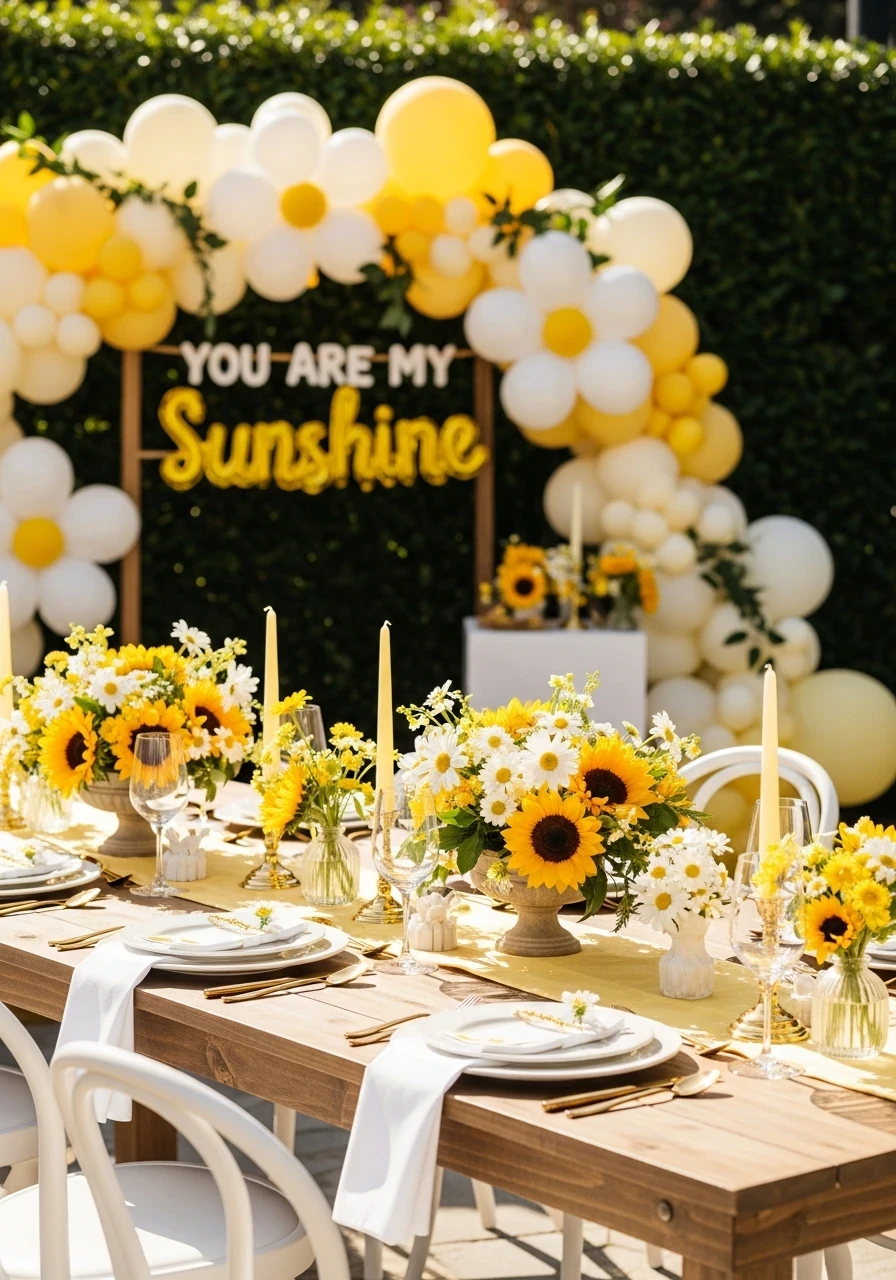 A 'You are my sunshine' themed party table with sunflower and daisy centerpieces in stone urns.