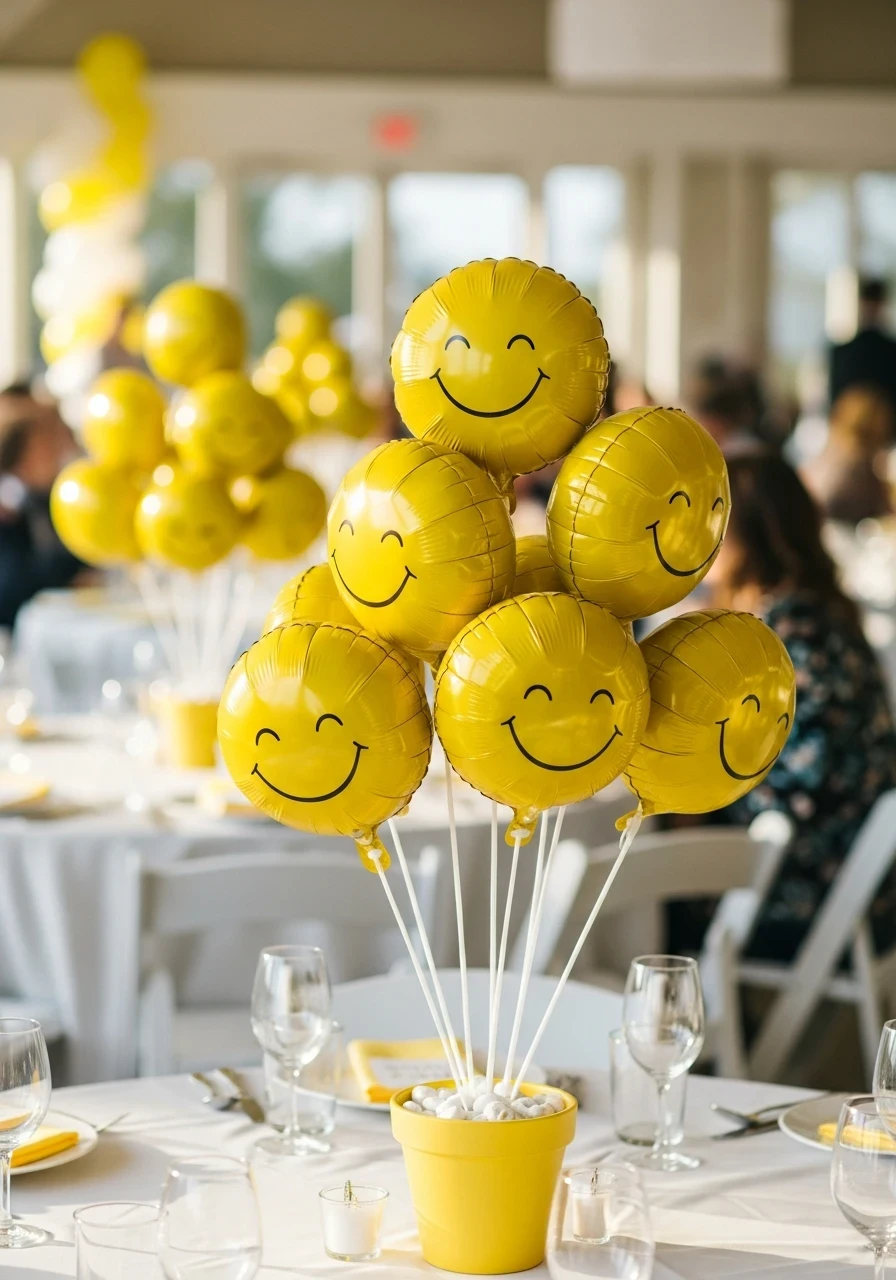 A 'You Are My Sunshine' baby shower centerpiece featuring yellow smiley-face balloons on sticks arranged in a matching yellow pot on a table.