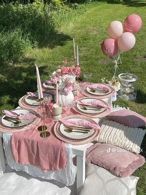 An elegant outdoor bridal shower picnic with a low white table, pink and gold place settings, and plush cushions for seating on the grass.