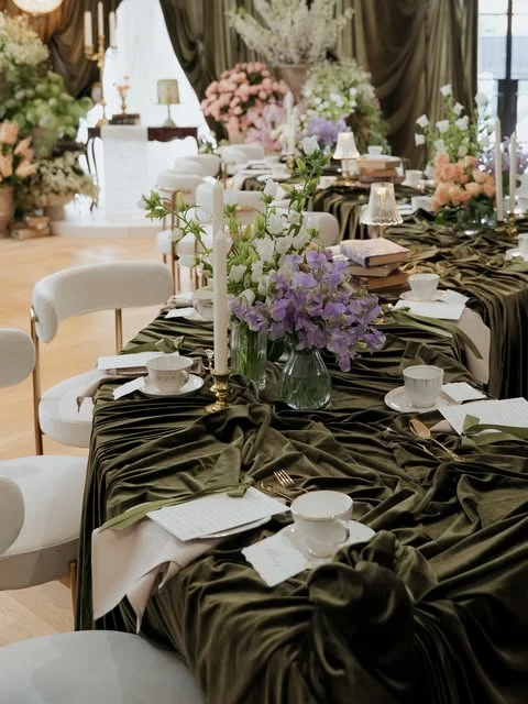 Long dining table set for a spring bridal shower with an olive green velvet tablecloth and modern white chairs.