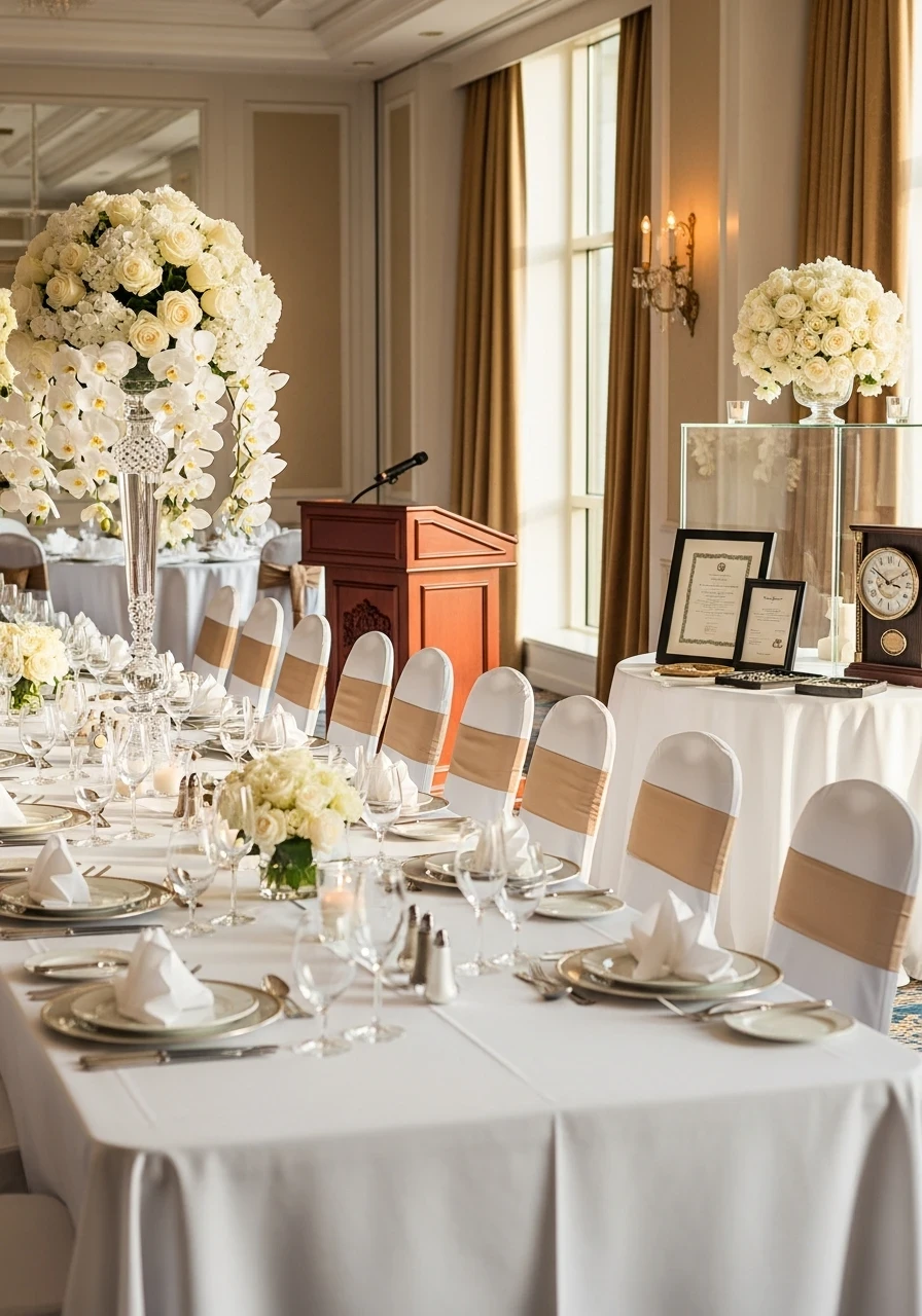 A formal retirement party tribute setup with a display table for awards, a wooden lectern, and white and gold table settings.