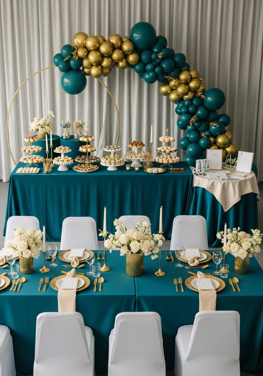 An elegant retirement party setup with a teal and gold theme, featuring a large balloon arch over a dessert table and formal dining settings.