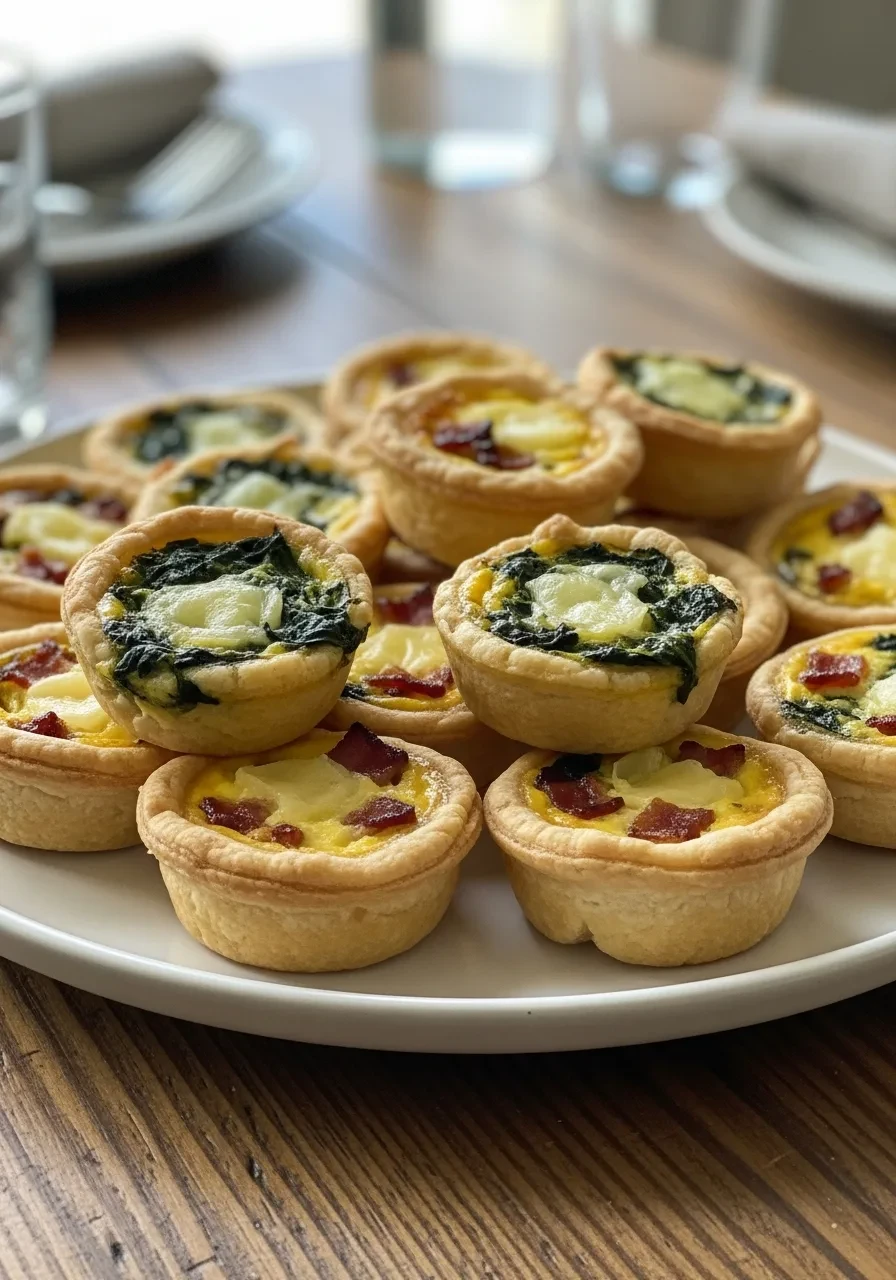 A white platter with assorted mini quiches, including spinach and bacon fillings, for a baby shower food table.