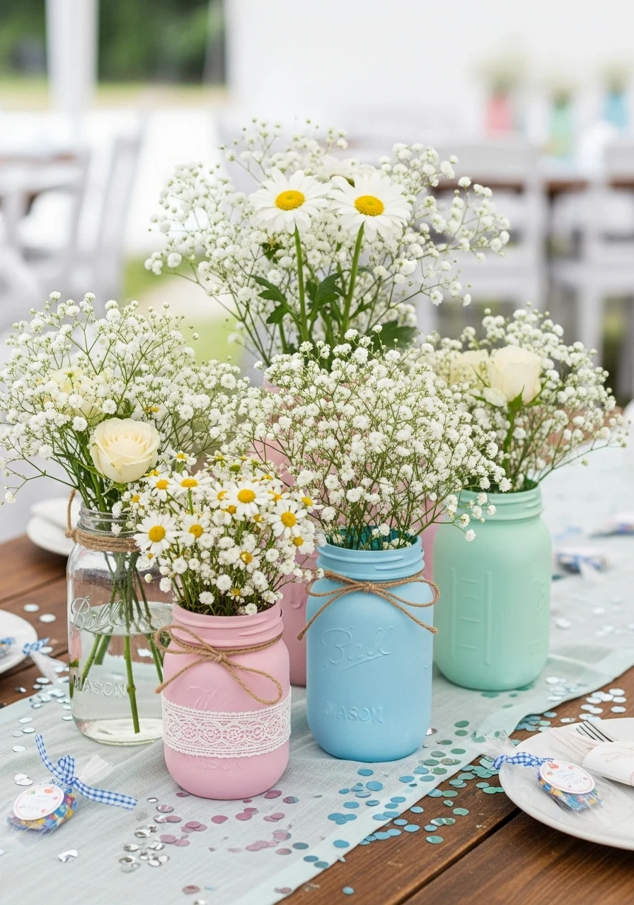 A rustic baby shower centerpiece made of pastel-painted mason jars filled with baby's breath and daisies on a wooden table.