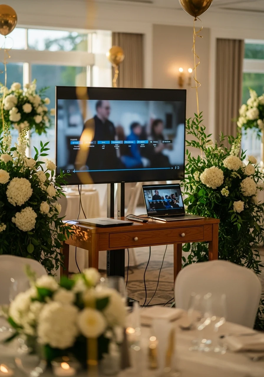 An elegant retirement party setup featuring a large screen on a stand playing a tribute video, connected to a laptop on a wooden console table flanked by white floral arrangements.