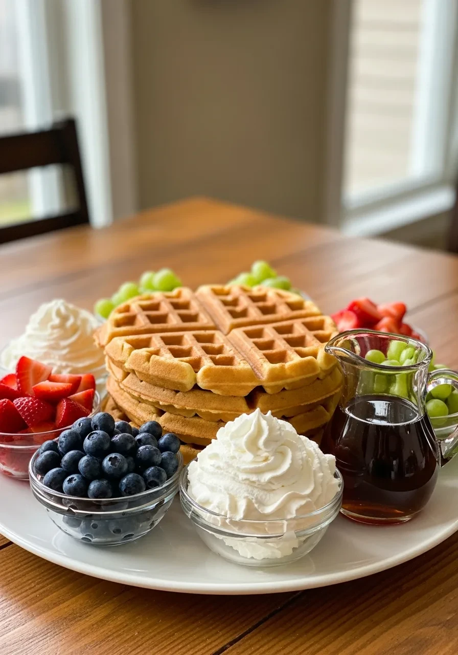 A baby shower food idea: a waffle bar platter with a central stack of waffles, bowls of blueberries, strawberries, and whipped cream, and a pitcher of syrup.