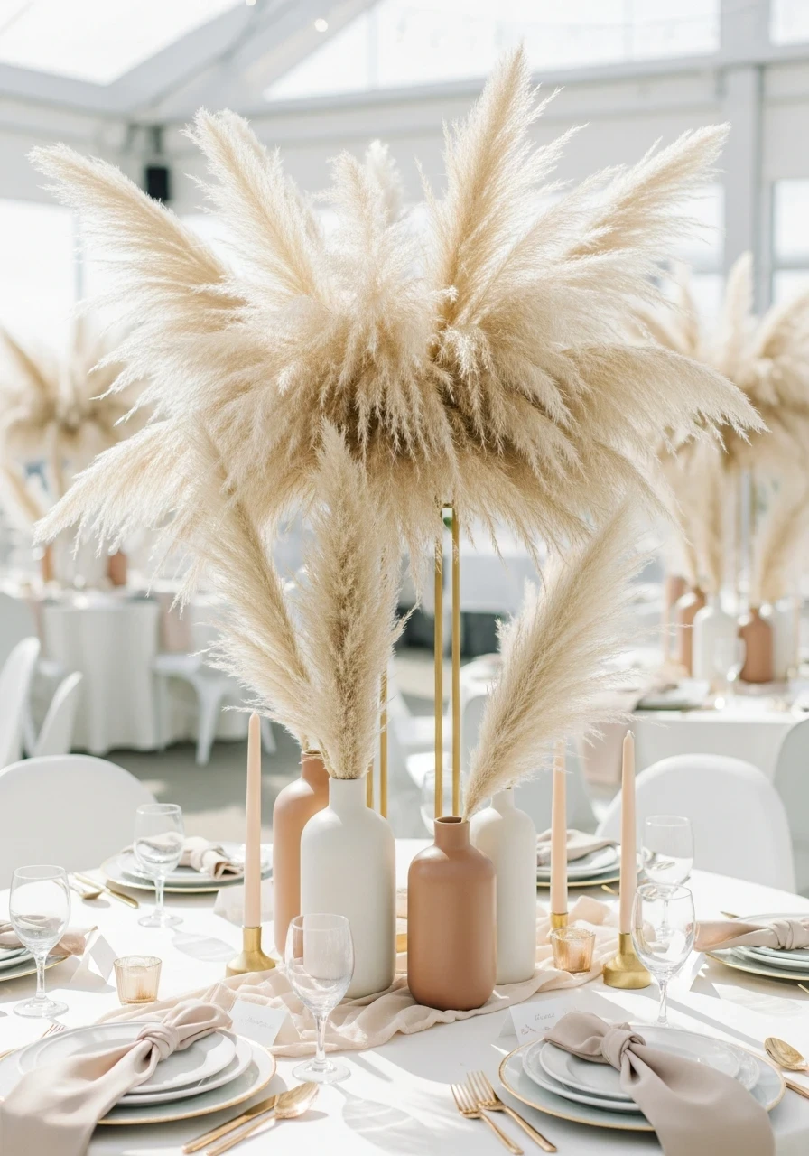 A modern baby shower centerpiece with a tall gold stand holding a large pampas grass arrangement, surrounded by smaller matte vases with pampas sprigs on a white tablecloth.