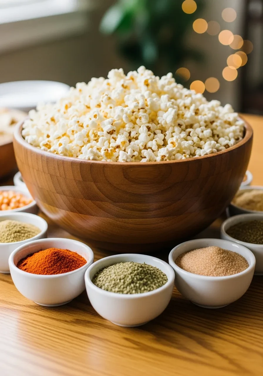 A large wooden bowl of popcorn on a table, surrounded by small white bowls filled with different colored powdered seasonings.