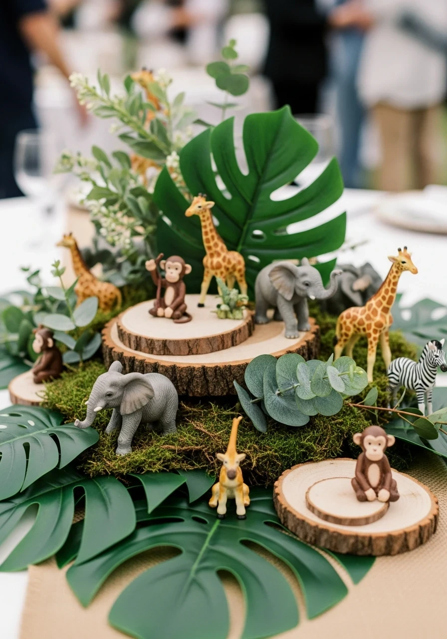 A DIY safari-themed baby shower centerpiece with toy animals on wood slices and moss.