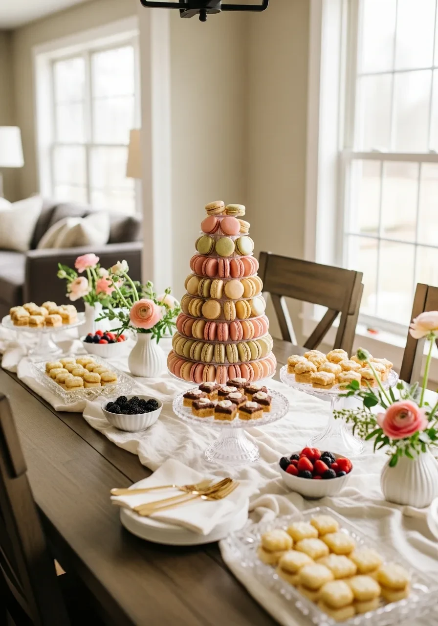 An elegant baby shower dessert table with a tall macaron tower centerpiece in pastel pinks and greens.