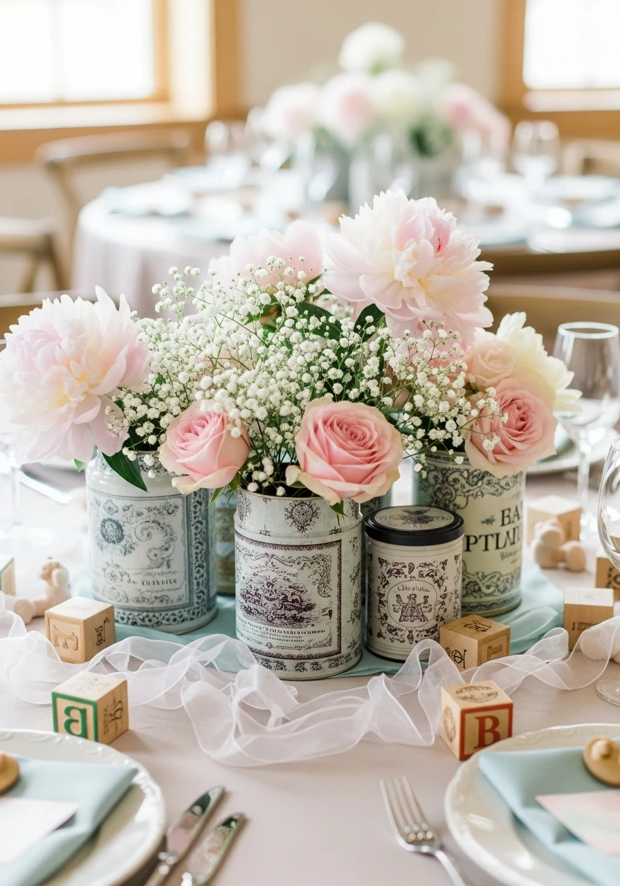 A baby shower centerpiece made of vintage tins holding pink peonies, roses, and baby's breath, surrounded by wooden alphabet blocks on a table.