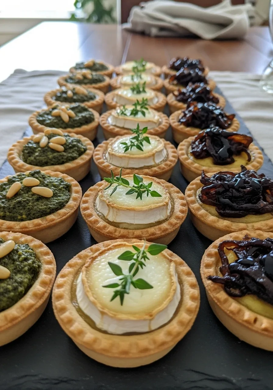 A slate platter with three rows of assorted savory mini tarts for a baby shower food table.
