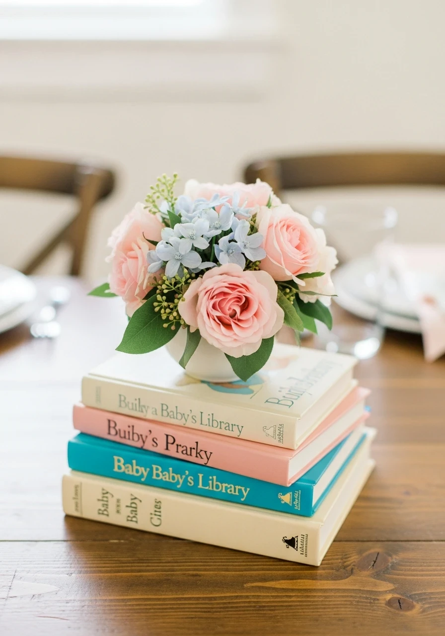 A storybook baby shower centerpiece with a white vase of pink roses and blue flowers sitting on a stack of books.