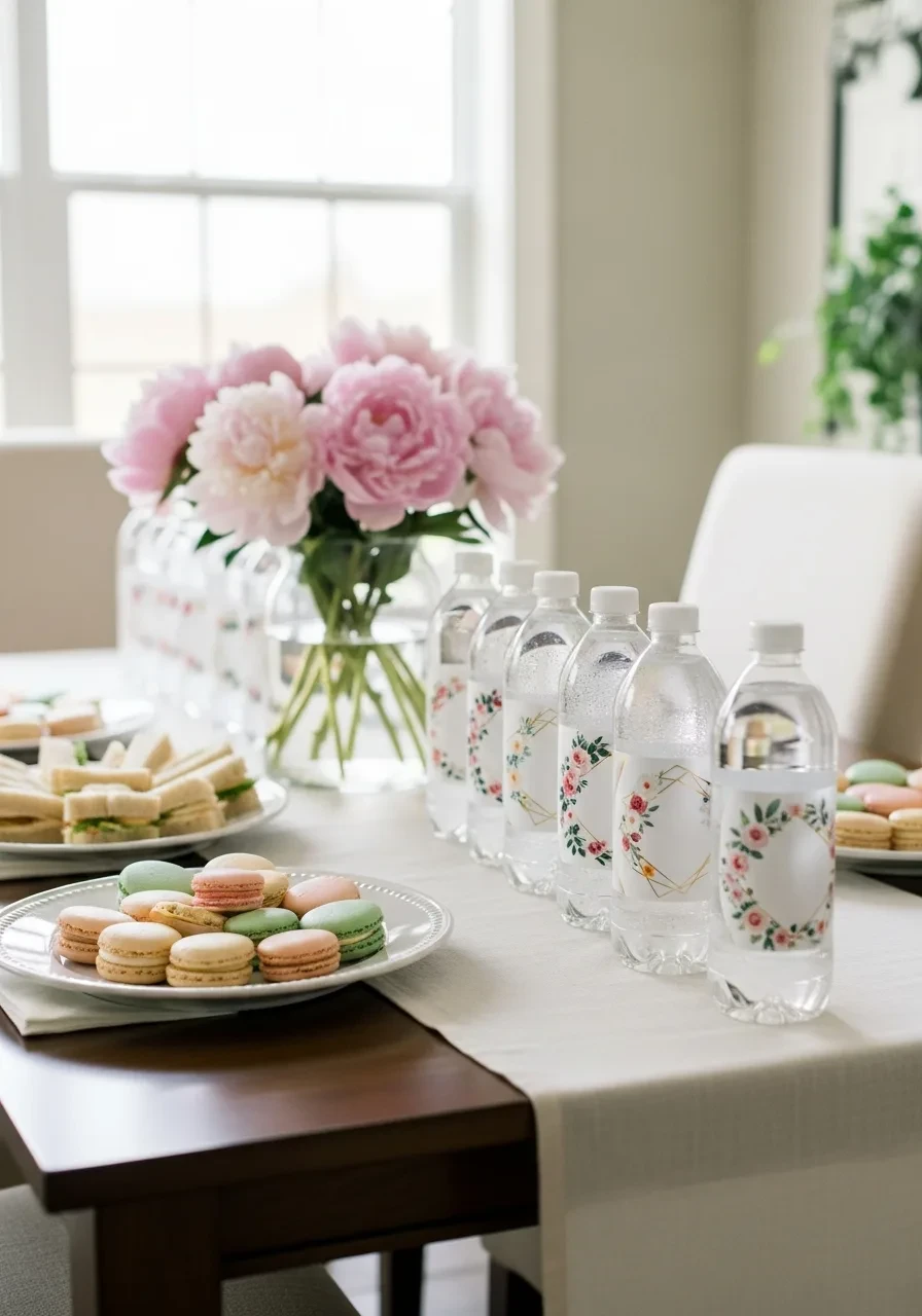 An elegant baby shower food table featuring plates of colorful macarons, finger sandwiches, and a neat row of water bottles with custom floral labels.