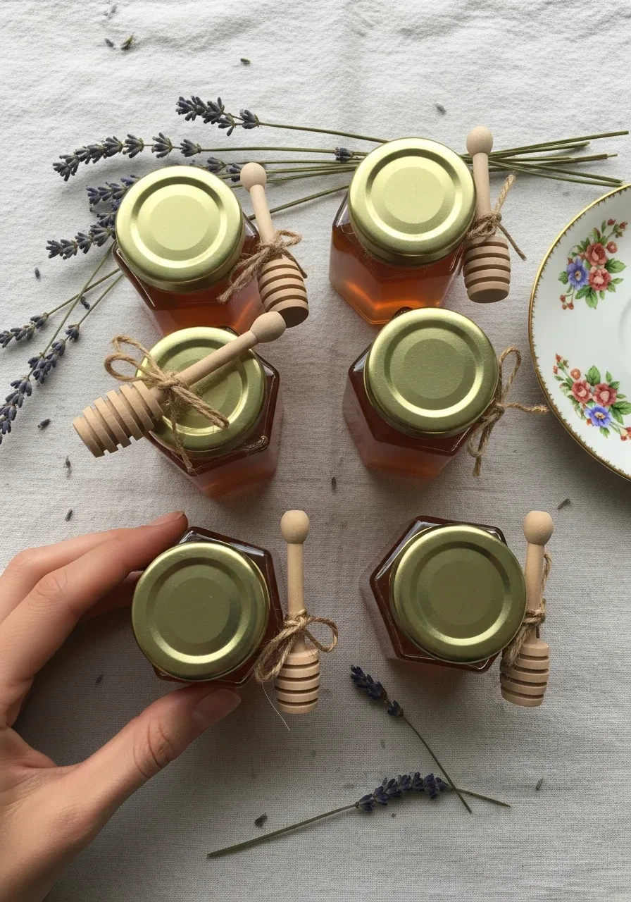 Small hexagonal jars of honey with wooden dippers tied on with twine, arranged as tea party bridal shower favors on a linen cloth.