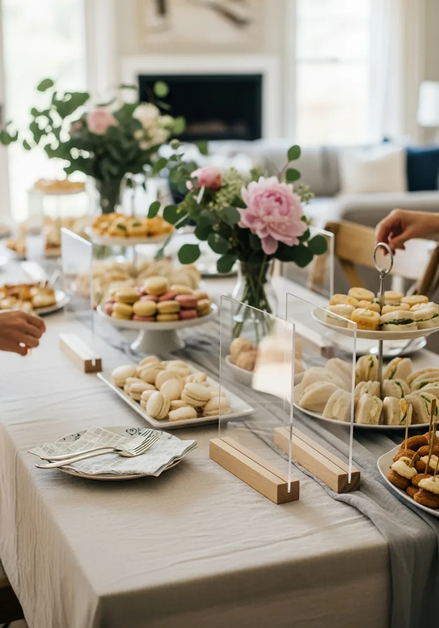 An elegant baby shower food table with tiered stands holding finger sandwiches and platters of colorful macarons.