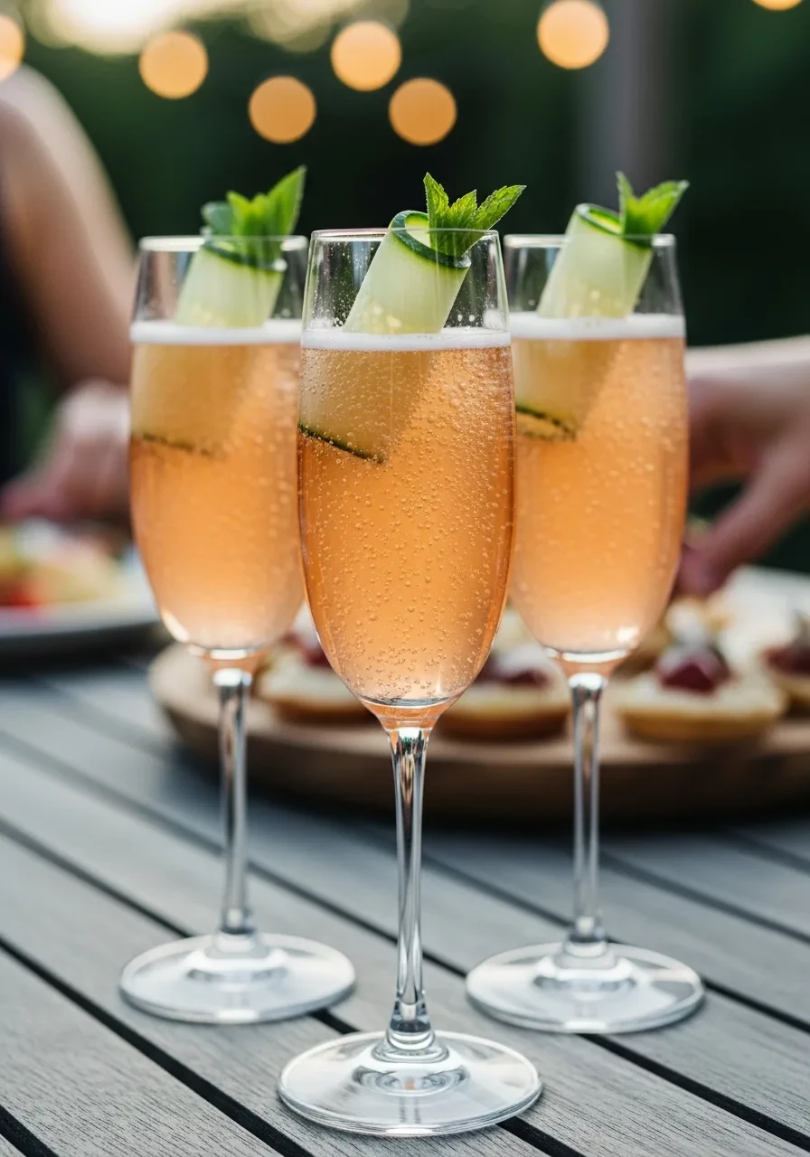 Three champagne flutes filled with a sparkling pink mocktail, garnished with a ribbon of cucumber and a sprig of fresh mint.