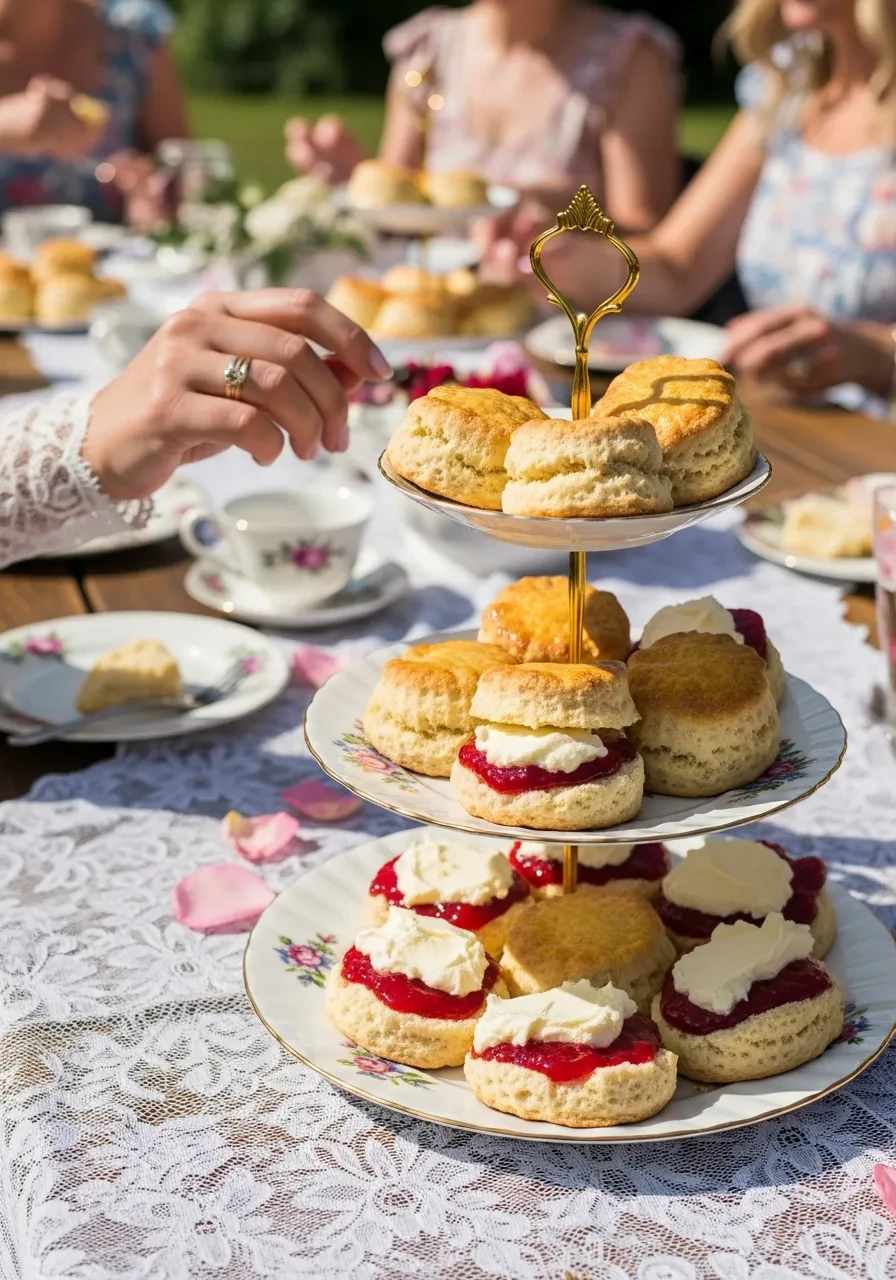 A classic tea party bridal shower with a three-tiered stand of scones with jam and cream on a lace tablecloth.