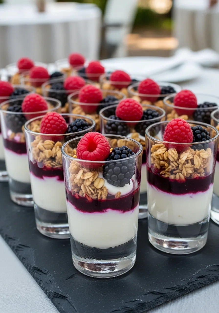 Individual yogurt parfaits with granola and fresh berries, arranged neatly on a dark slate serving tray for a baby shower food table.