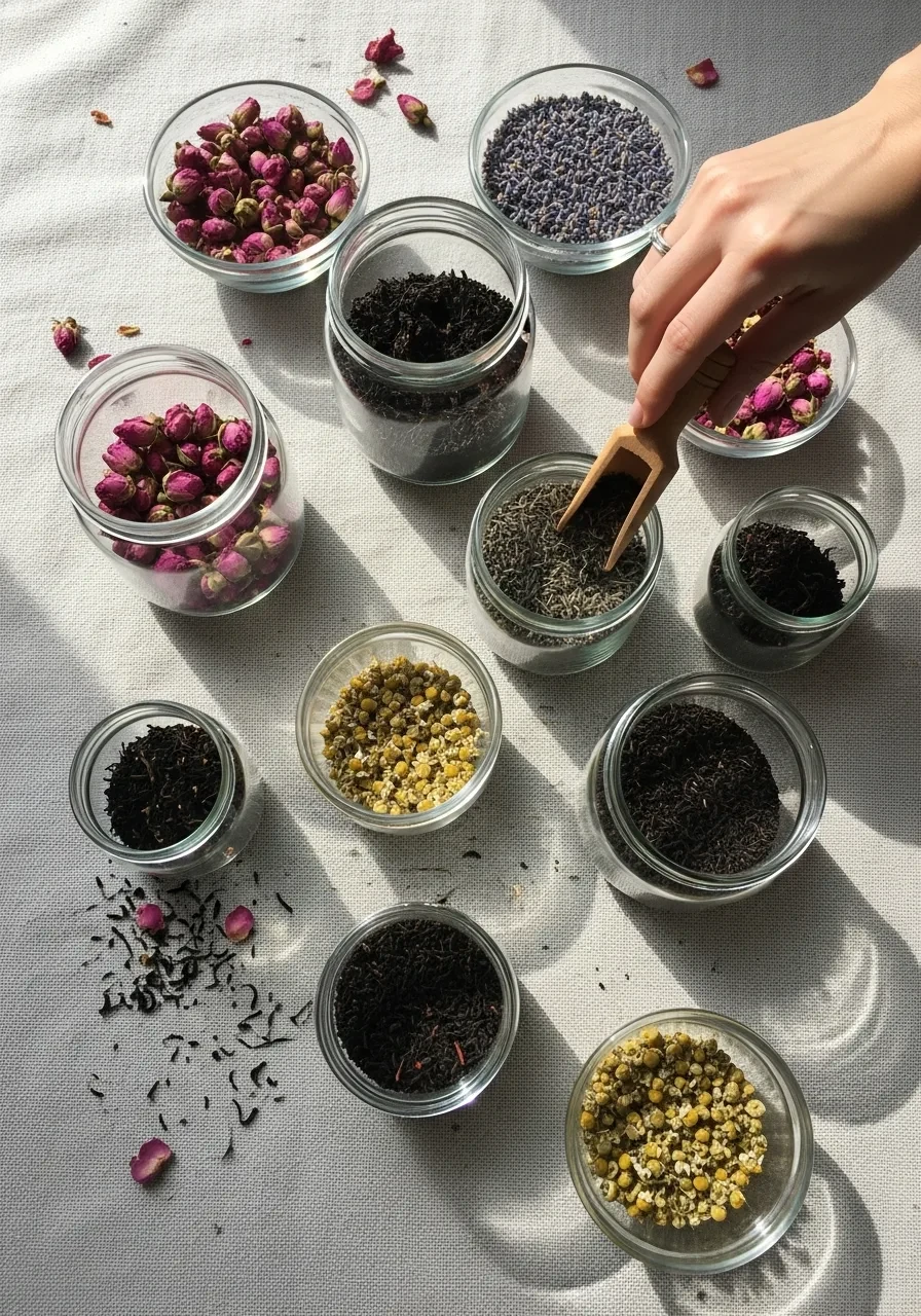 An overhead view of a tea blending bar with bowls of loose-leaf tea, rosebuds, and lavender for a bridal shower activity.