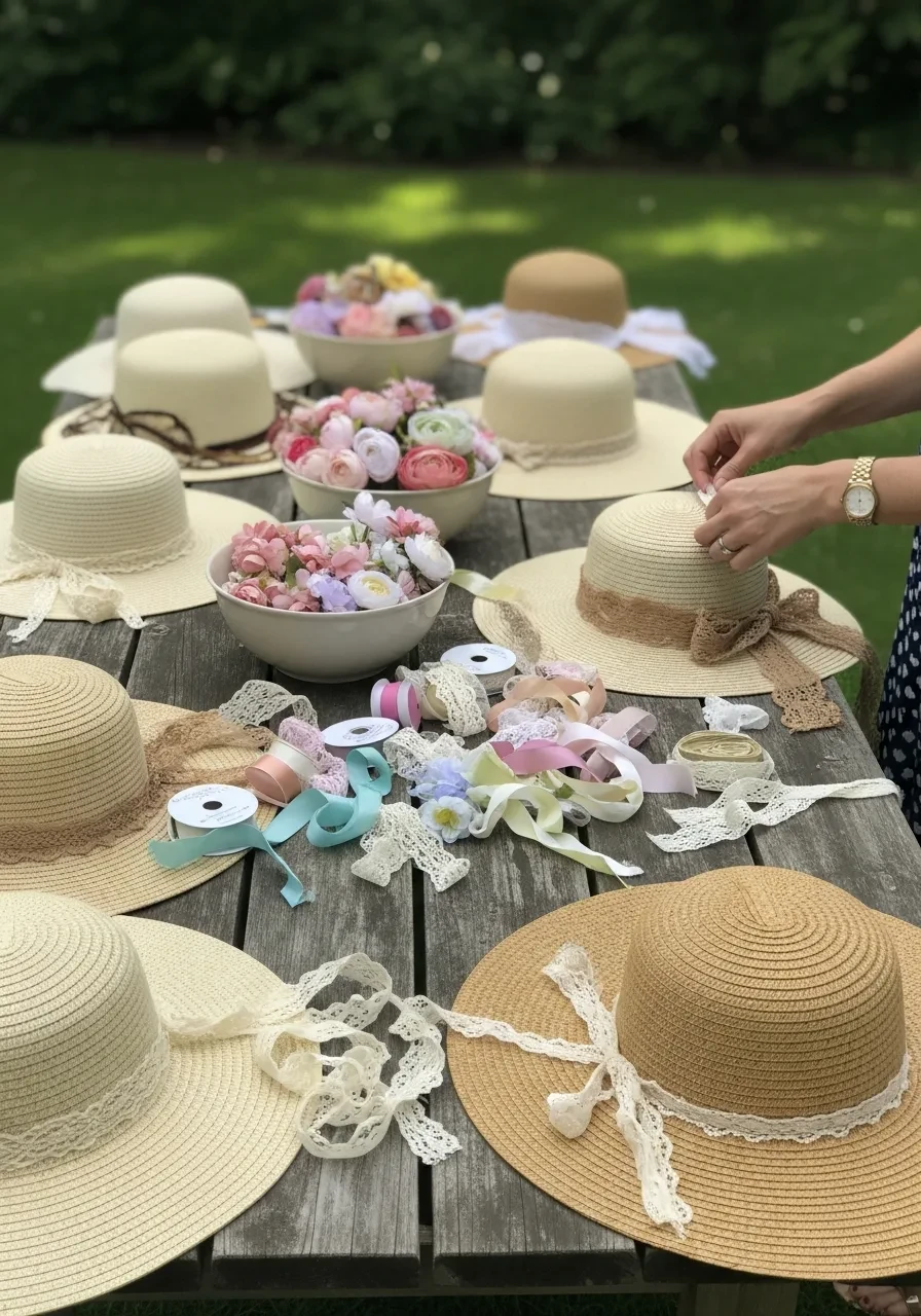 An outdoor hat decorating station for a tea party bridal shower with straw hats, ribbons, and flowers on a wooden table.