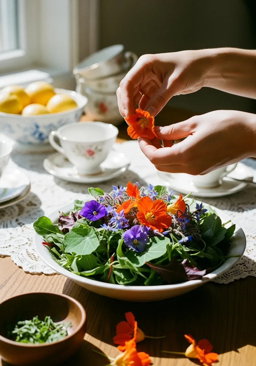 Hands placing a bright orange edible flower onto a fresh green salad in a white bowl, with vintage teacups in the background for a tea party bridal shower.