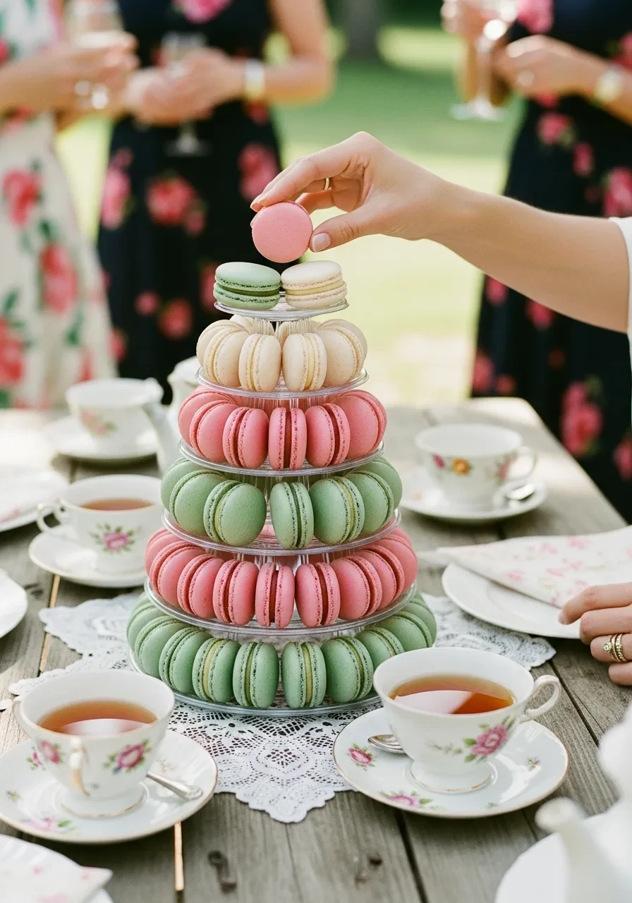 A multi-tiered macaron tower with pink and green macarons as a centerpiece on a tea party bridal shower table with vintage teacups.