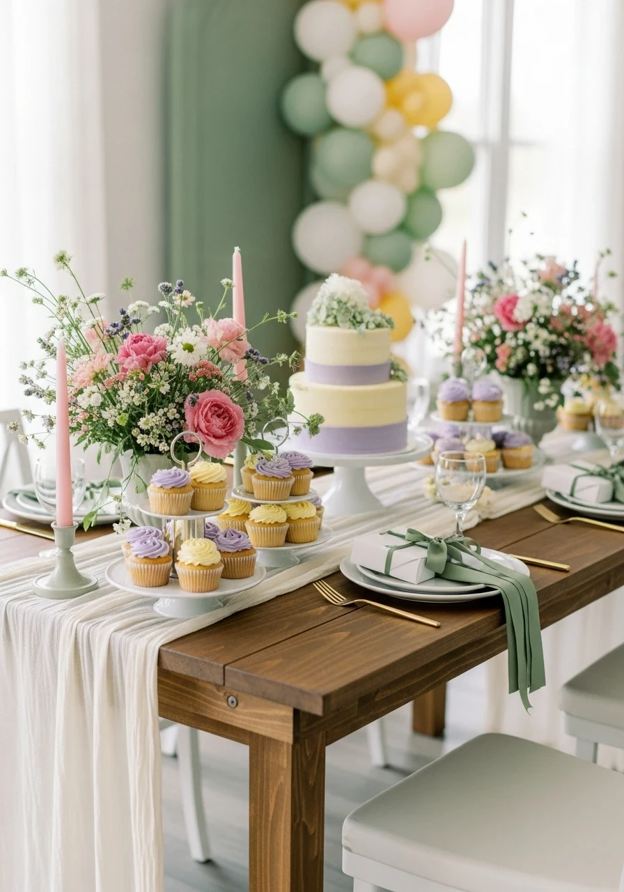 A wildflower-themed baby shower table set with pastel cupcakes, a two-tier cake, and floral centerpieces on a rustic wooden table.