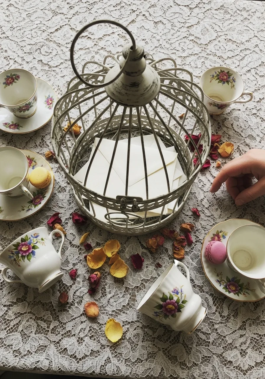 A vintage-style white birdcage serving as a card holder on a lace tablecloth, surrounded by floral teacups for a tea party bridal shower.