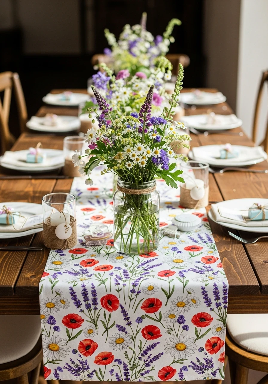Rustic wildflower baby shower tablescape with a floral runner and jar centerpieces on a wood table.