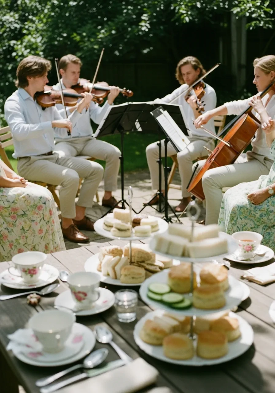 A string quartet playing music for guests at a garden tea party bridal shower.