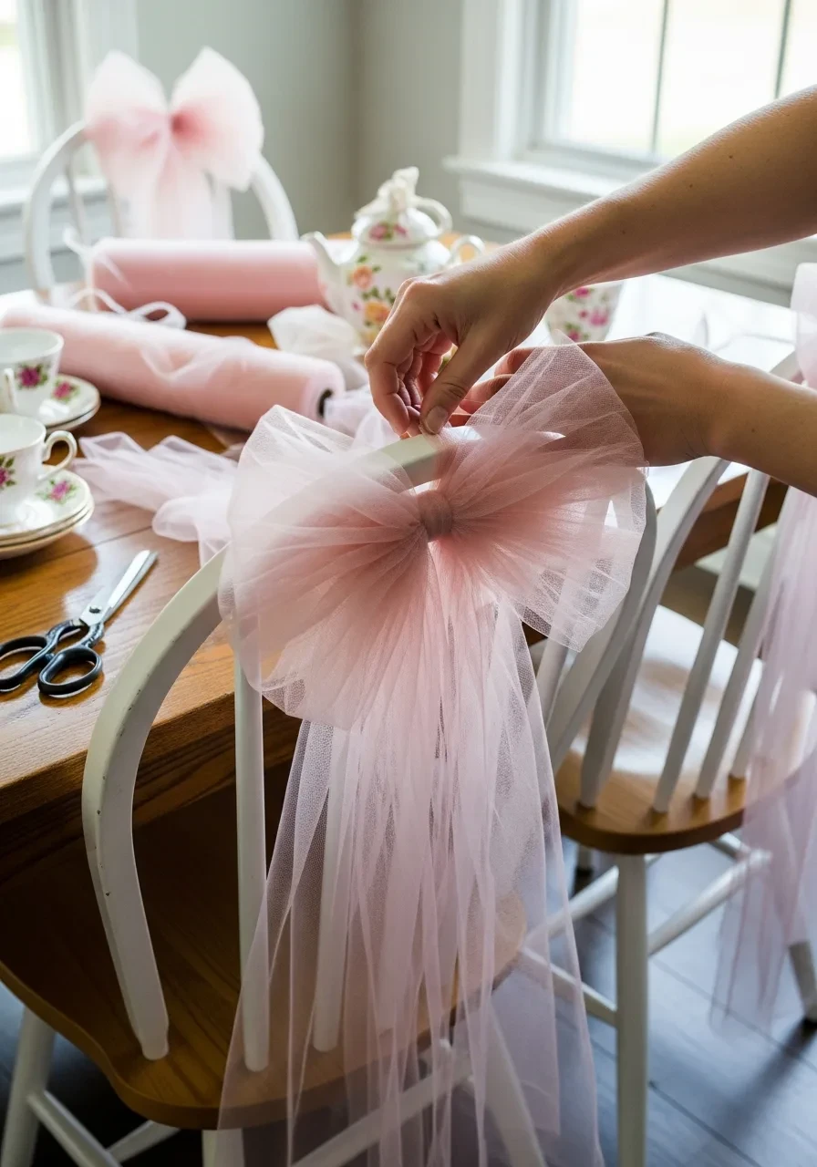A person tying a large pink tulle bow onto the back of a white dining chair for a tea party bridal shower.