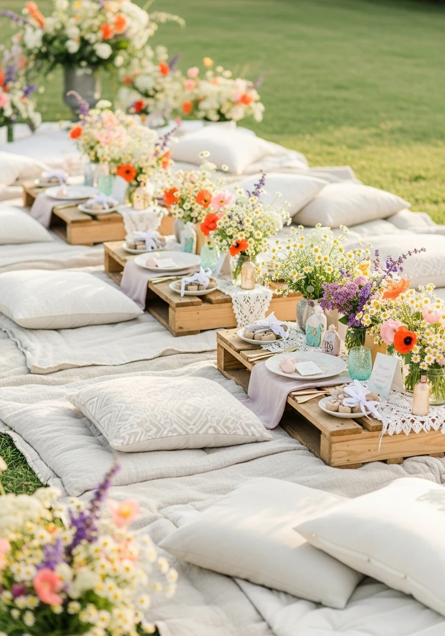 A boho wildflower baby shower picnic setup on a green lawn with low wooden pallet tables, white pillows, and colorful wildflower arrangements in jars.