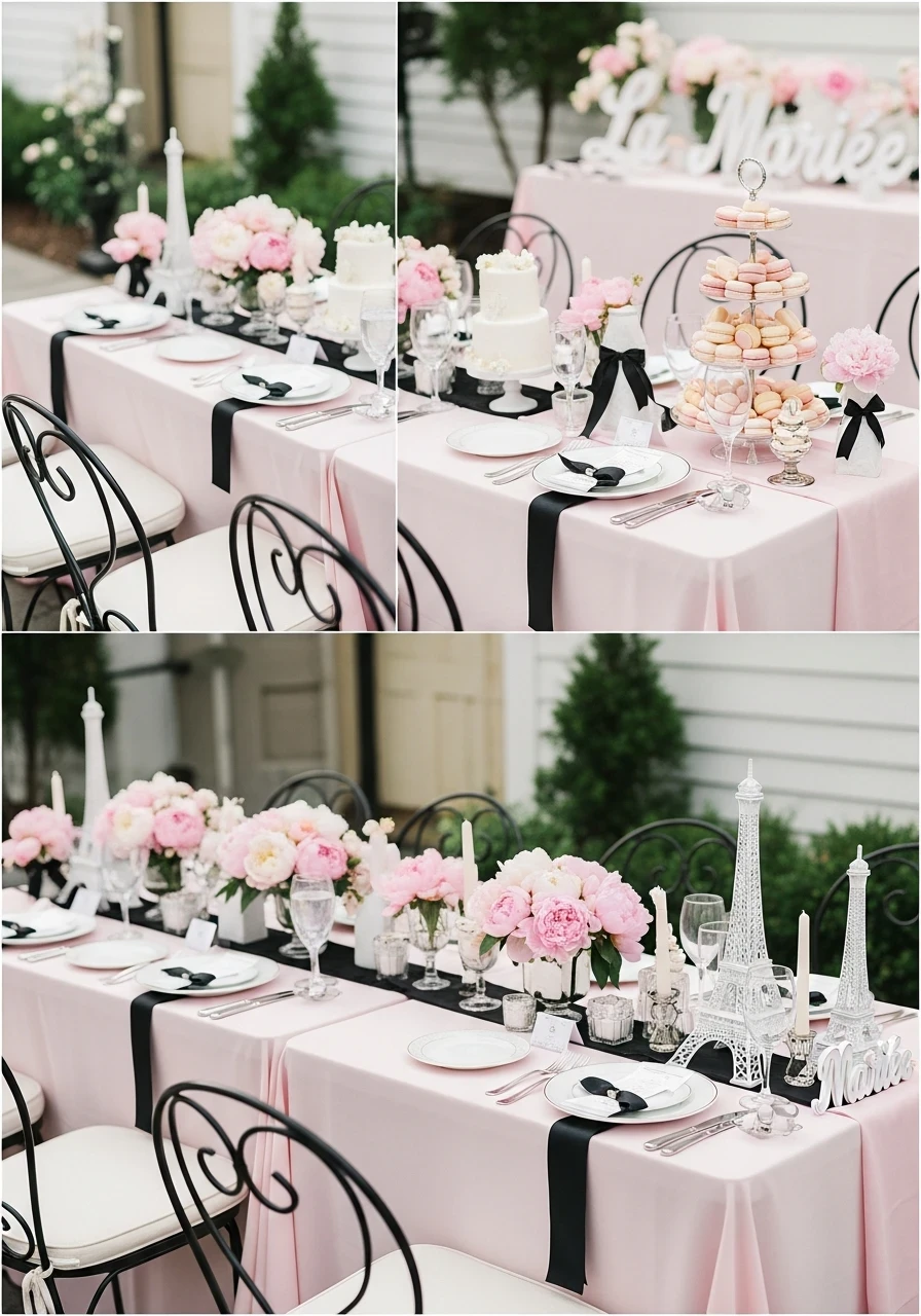 Elegant Parisian-themed spring bridal shower tablescape with pink peonies and Eiffel Tower decor.