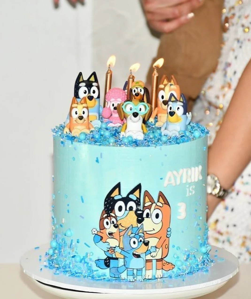 A light blue Bluey birthday cake with an edible image of the Heeler family and multiple character toy toppers.