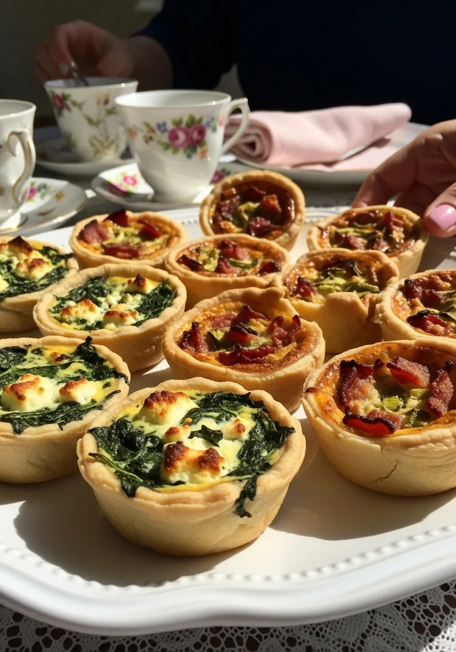 A white platter of assorted mini quiches for a tea party bridal shower menu.