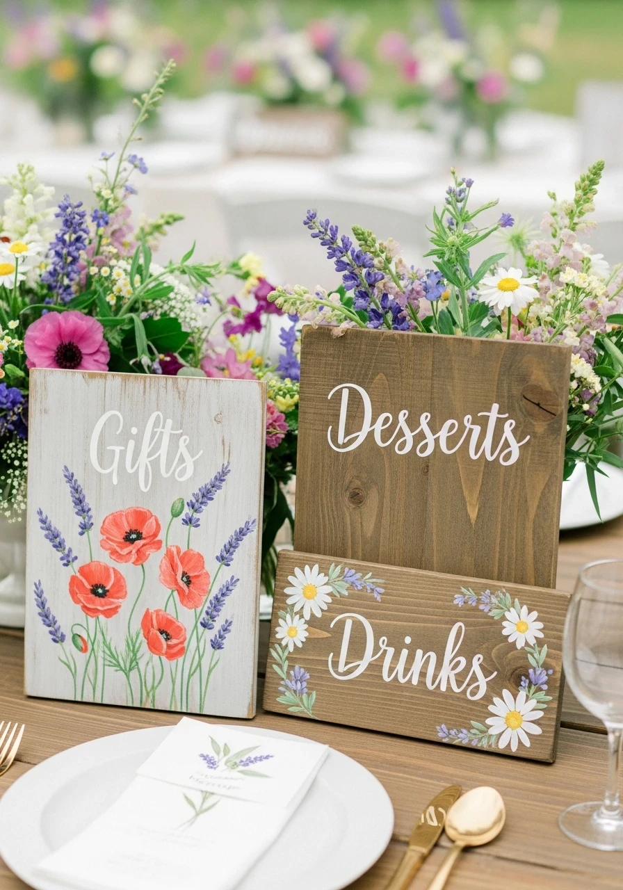 Rustic wooden baby shower signs for 'Gifts', 'Desserts', and 'Drinks' with hand-painted wildflower illustrations on a decorated table.
