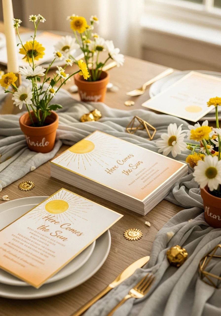 A 'Here Comes the Sun' baby shower tablescape with potted daisy centerpieces and themed stationery.