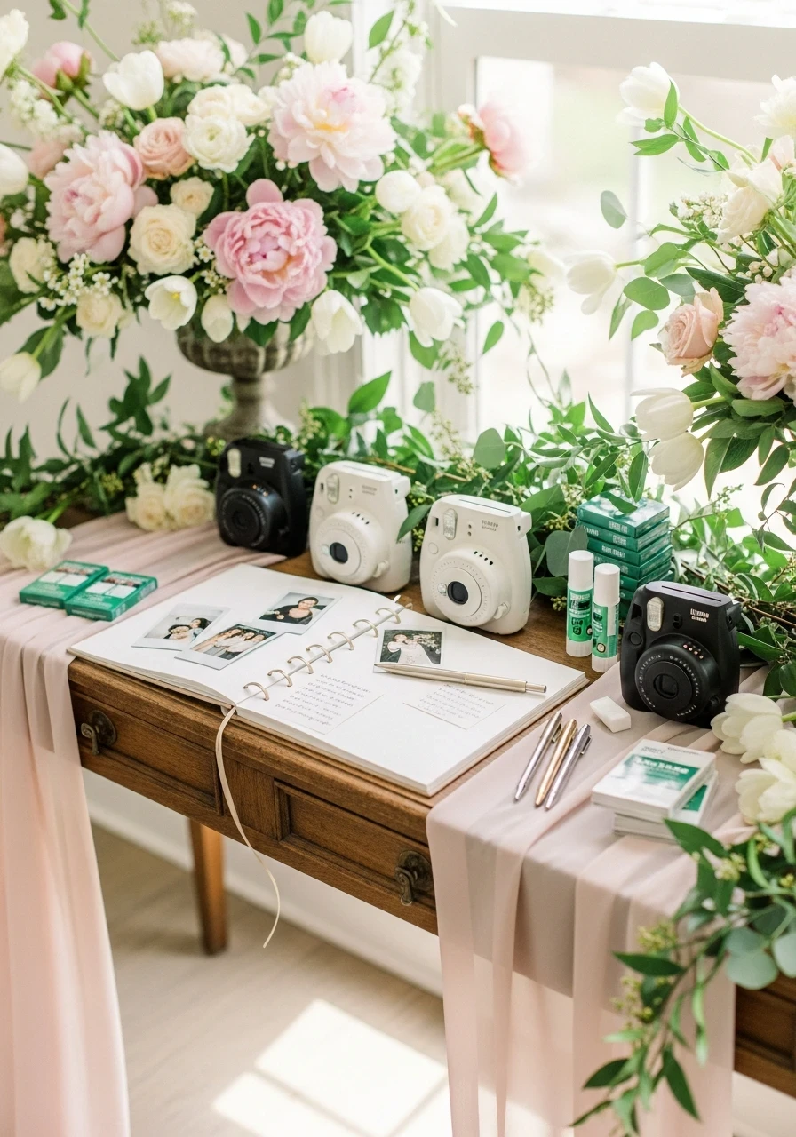 A photo guest book station on a wooden table for a spring bridal shower, decorated with peonies and instant cameras.