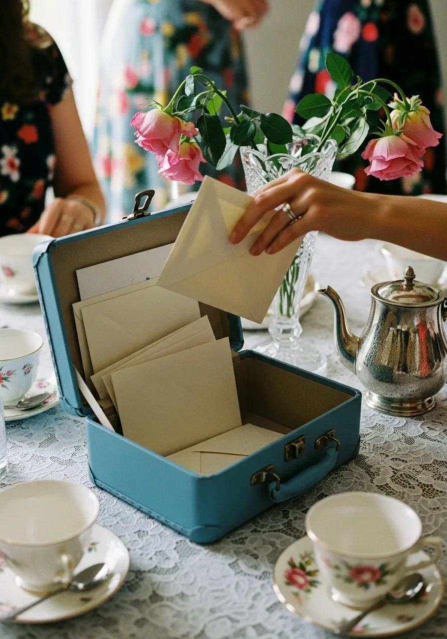 A guest places a card into an open, light blue vintage suitcase being used as a card box on a lace-covered table at a tea party bridal shower.