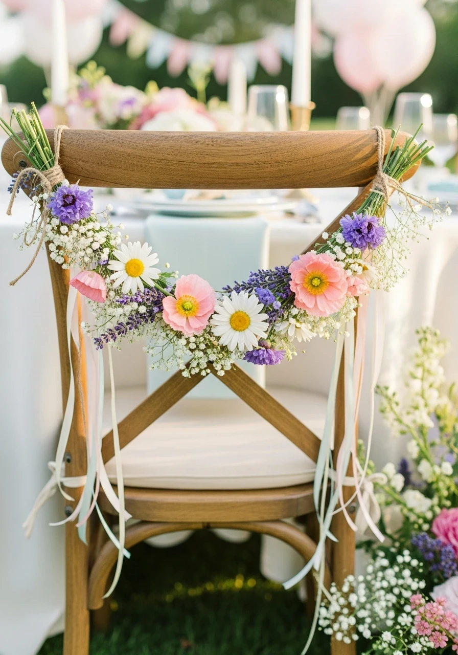 A wildflower garland with pink poppies and white daisies tied to a wooden chair for a wildflower baby shower theme.
